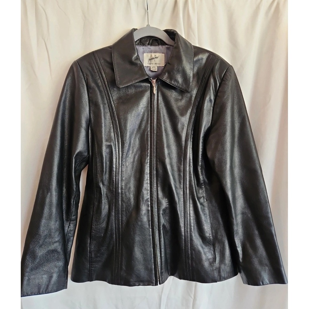 Jacqueline Ferrar Leather Jacket Womens L Black Excellent Lambskin Zip Y2K